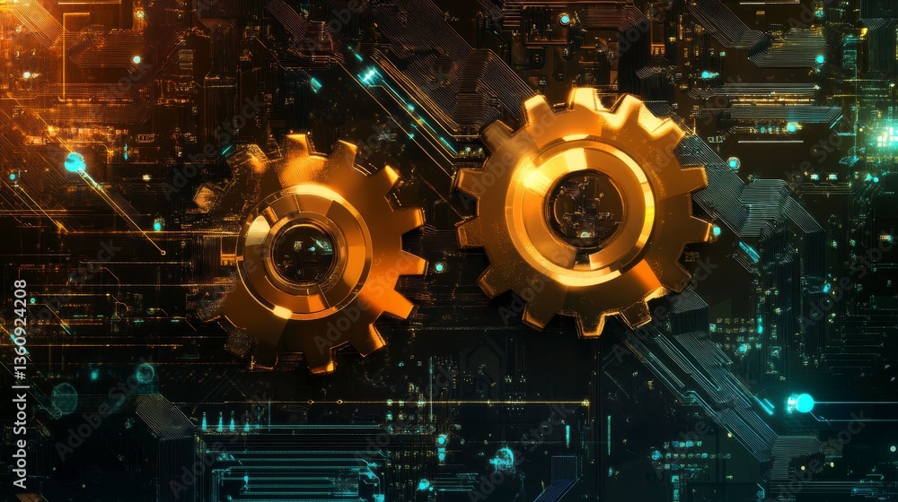 Golden gears meshing on a circuit board background, symbolizing technology and engineering. Golden gears meshing on a circuit board background, symbolizing technology and engineering.