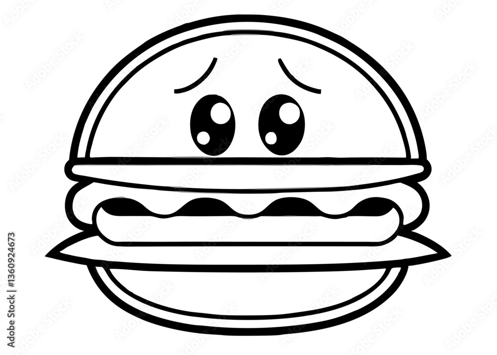 Sad Burger: A minimalist black-and-white illustration of a burger with a downcast expression, evoking feelings of sadness and longing Sad Burger: A minimalist black-and-white illustration of a burger with a downcast expression, evoking feelings of sadness and longing