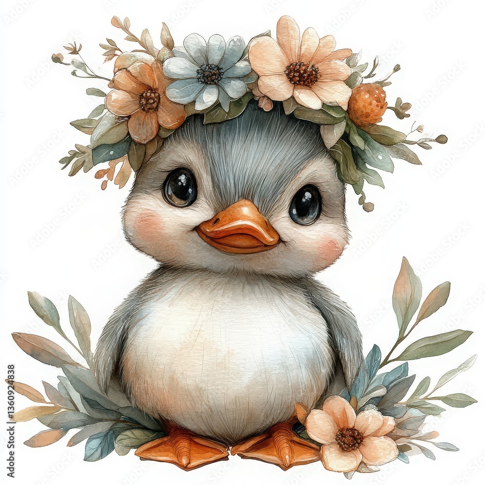 Obraz premium Whimsical duckling adorned with a flower crown floats gracefully on a pure white backdrop evoking a charming Easter moment with soothing pastel hues. This design radiates warmth and coziness