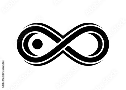 Infinite Symbol: A captivating and modern illustration of the infinity symbol, rendered with sleek black lines and a single, minimalist black dot, representing timelessness, eternity.