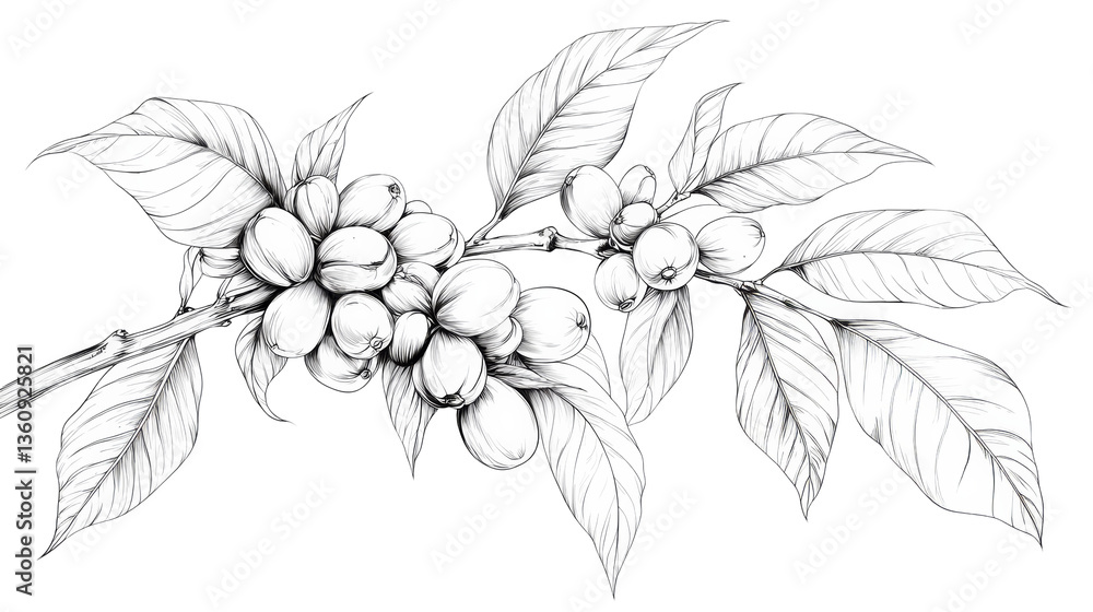 black and white sketch of a coffee branch loaded with berries black and white sketch of a coffee branch loaded with berries