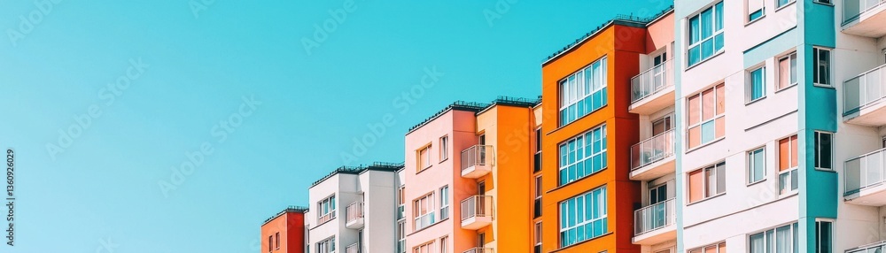 A vibrant row of modern apartment buildings with colorful facades against a clear blue sky, showcasing urban architecture. A vibrant row of modern apartment buildings with colorful facades against a clear blue sky, showcasing urban architecture.