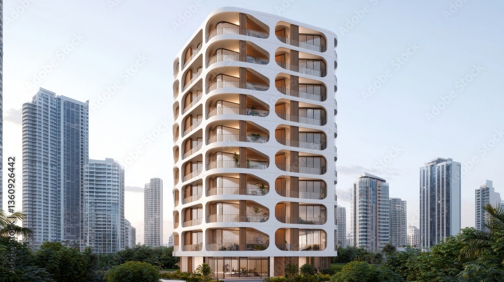 Fototapeta premium A modern, uniquely designed building stands amid urban skyscrapers, showcasing a blend of contemporary architecture and green surroundings.