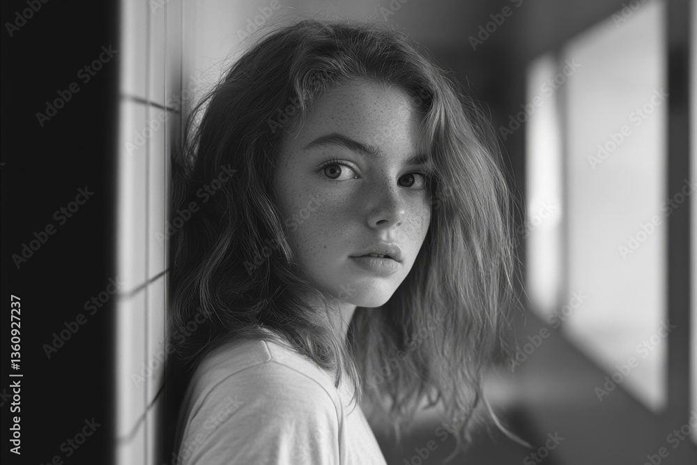 Naklejka premium Pensive Girl with Freckles Leans Against Wall in Black and White - Quiet, Serene, Portrait