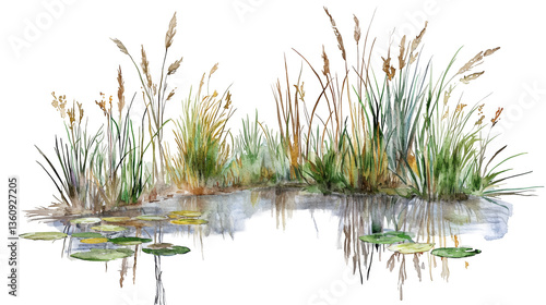 Atmospheric watercolor of a tranquil freshwater wetland