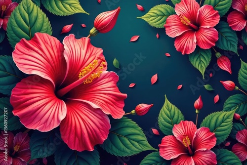 Wallpaper Mural Intricate hibiscus blossoms, vibrant hues, repeating floral design , blossom, red Torontodigital.ca