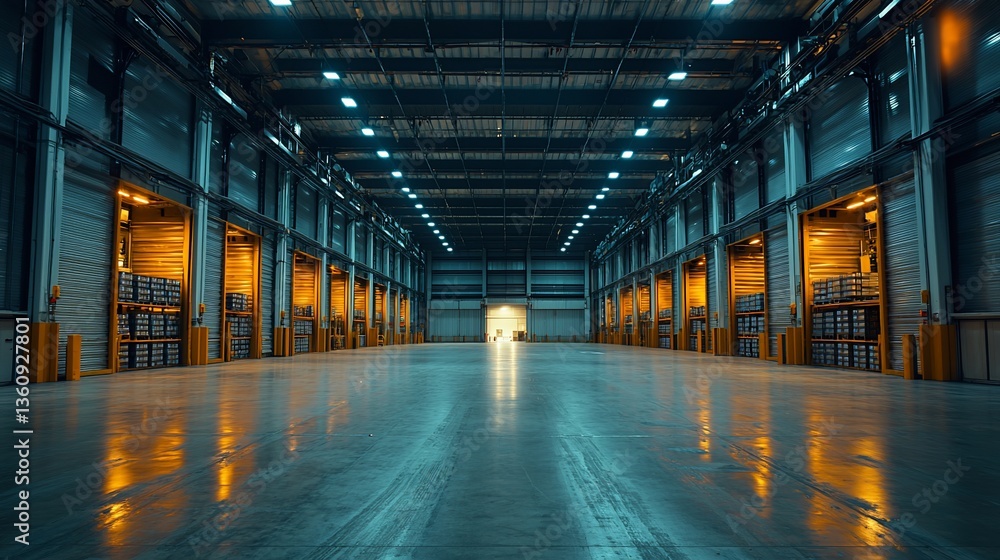 Spacious warehouse interior with glowing lights, empty shelves, and a distant exit Spacious warehouse interior with glowing lights, empty shelves, and a distant exit