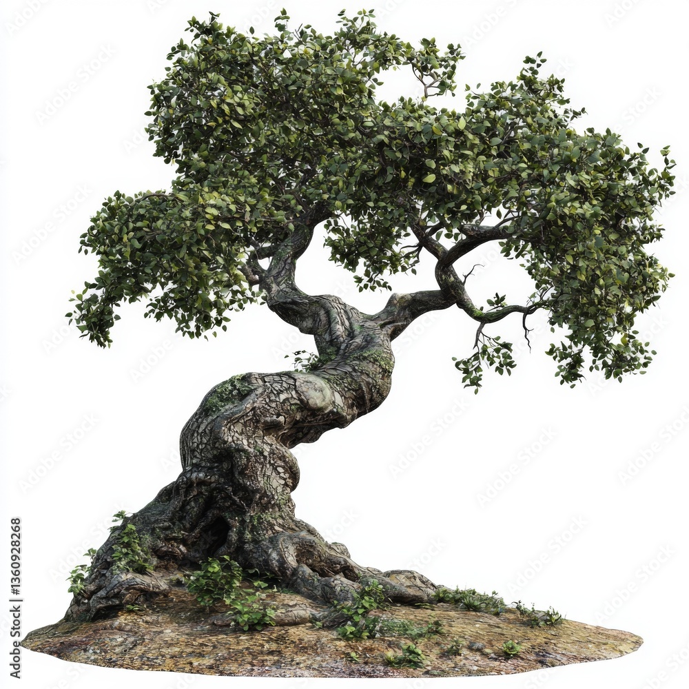 Unique twisted tree with vibrant green leaves showcasing natural beauty and intricate bark texture in a serene landscape Unique twisted tree with vibrant green leaves showcasing natural beauty and intricate bark texture in a serene landscape