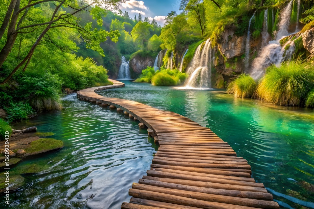 Fototapeta premium Waterfall cascading through a lush green forest park with rocks and a stream flowing towards a tranquil lake under a clear sky