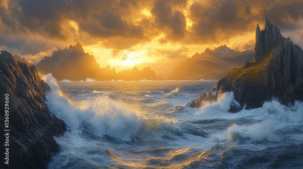 Fototapeta premium Dramatic sunset over a rocky coastline with crashing waves.