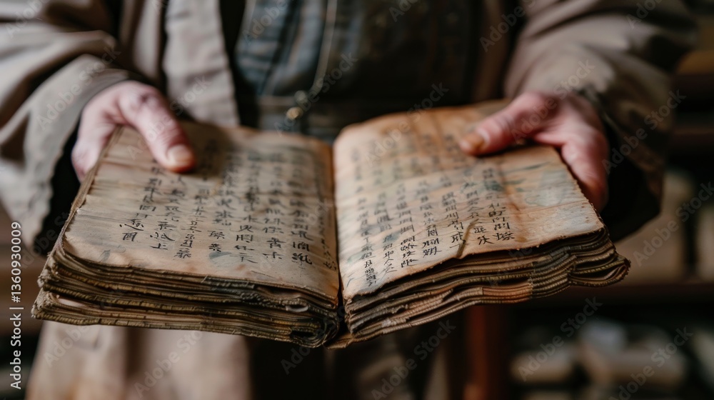 Naklejka premium An ancient manuscript held gently in hands showcasing intricate calligraphy and historical tex