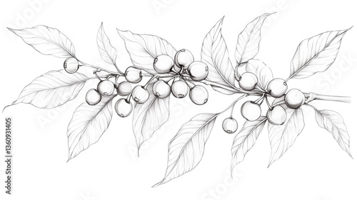 Monochrome pencil sketch of a coffee plant with clusters of coffee beans