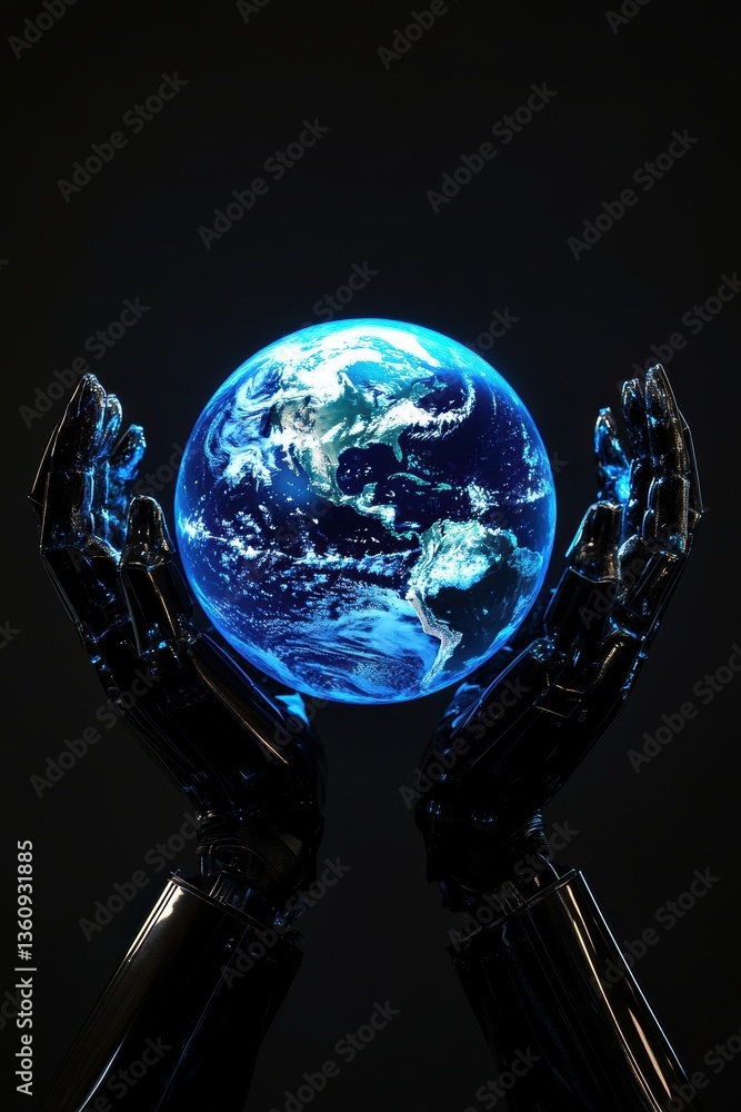 Robot hands holding planet earth. Earth Day theme background wallpaper.