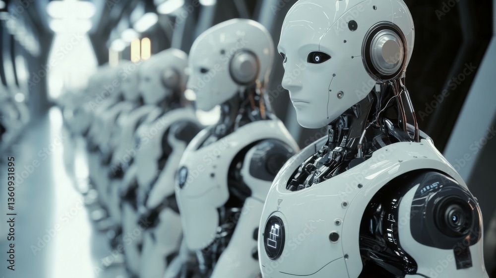 A lineup of sleek, white humanoid robots in a high-tech environment, emphasizing the advancements in technology and the intriguing future of artificial intelligence and robotics. A lineup of sleek, white humanoid robots in a high-tech environment, emphasizing the advancements in technology and the intriguing future of artificial intelligence and robotics.