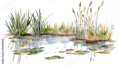 Peaceful watercolor wetland with lush vegetation and shallow pools