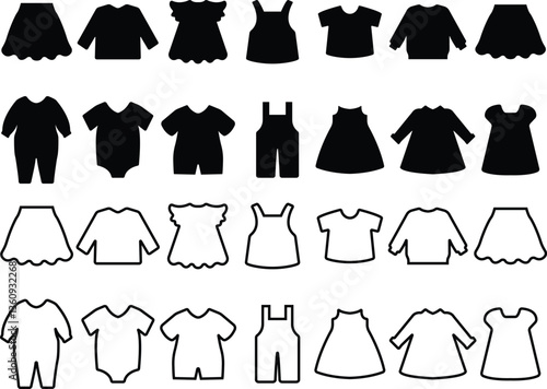 Baby clothes flat line icons set. Bodysuit, coverall, buster suit, newborn nest isolated on transparent background