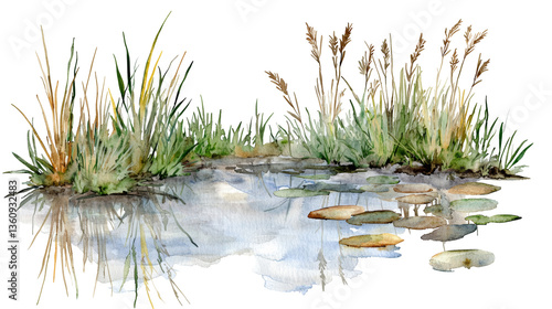 Serene hand drawn watercolor wetlands with rich plant life and reflections
