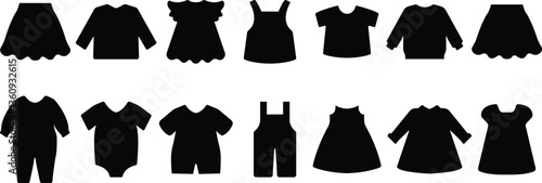 Baby clothes flat icons set. Bodysuit, coverall, buster suit, newborn nest isolated on transparent background