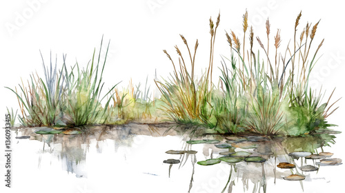 Watercolor painting of a serene natural marsh with cattails and a tranquil pond