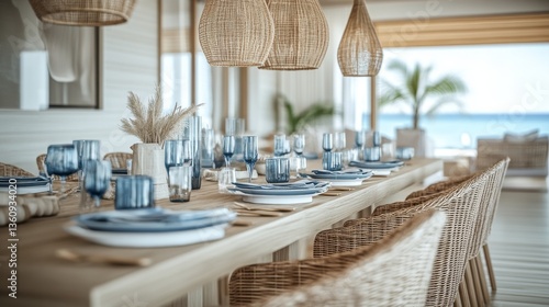 A beautifully arranged coastal dining space featuring wicker chairs and blue glassware, perfect for seaside gatherings, creating an inviting atmosphere with ocean views.