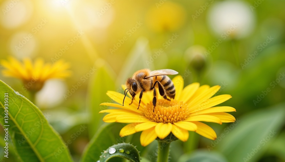 Bee on a Yellow Flower Collecting Nectar in a Vibrant Garden Bee on a Yellow Flower Collecting Nectar in a Vibrant Garden