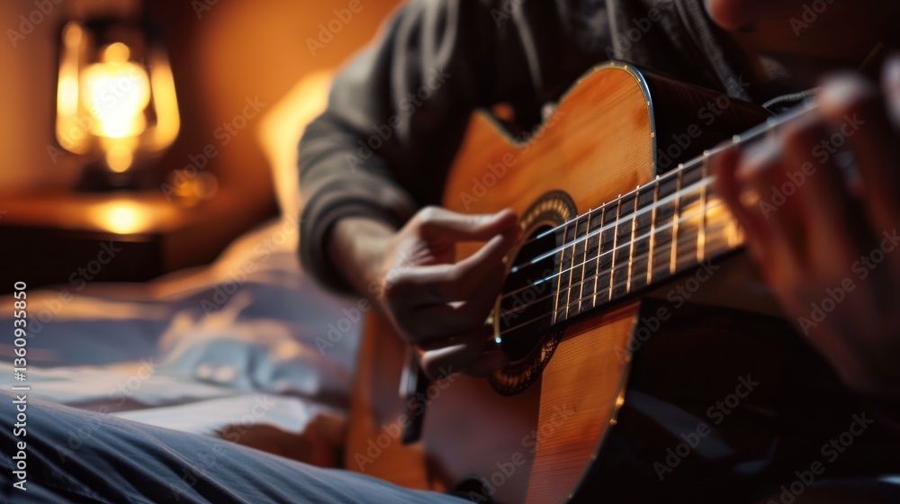 Fototapeta premium Intimate Evening of Acoustic Guitar Playing in Warm Lighting