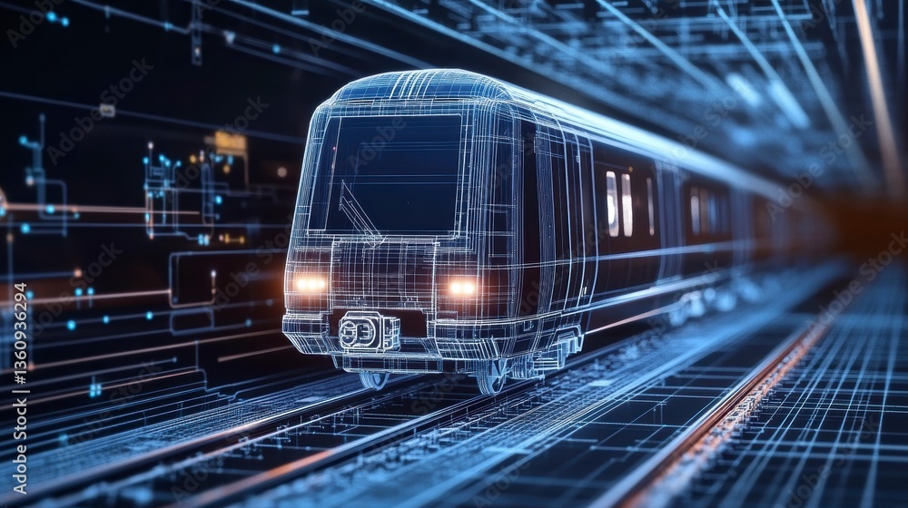Fototapeta premium Futuristic wireframe train speeding through digital tunnel.