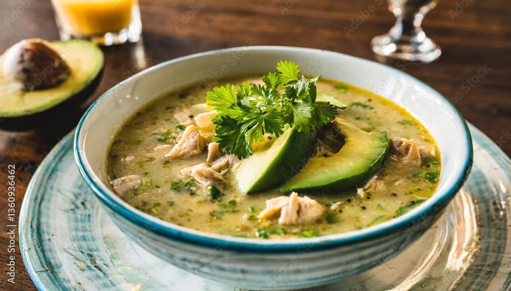 Creamy Chicken Tortilla Soup with Avocado Slices Photographed Overhead in Deep Bowl Against Warm Mexican Evening Glow Creamy Chicken Tortilla Soup with Avocado Slices Photographed Overhead in Deep Bowl Against Warm Mexican Evening Glow