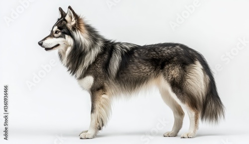 Profile of a Grey and Black Wolfdog on White Background