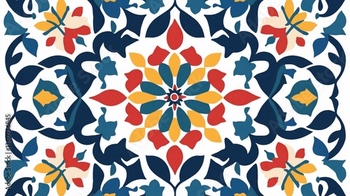 Colorful Floral Mandala Pattern in Red, Blue, and Yellow on White Background