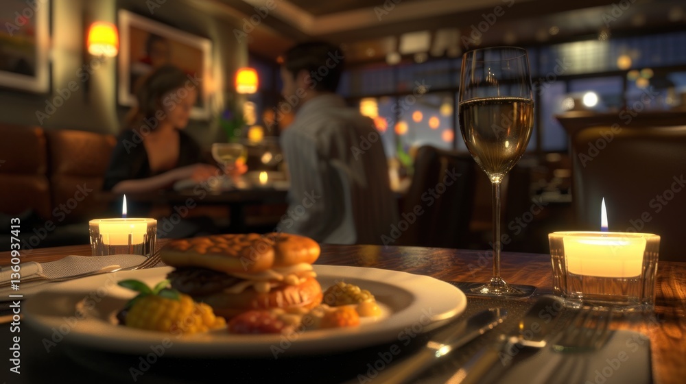 Fototapeta premium Romantic Dinner Setting with Gourmet Meal and Candlelight Ambiance