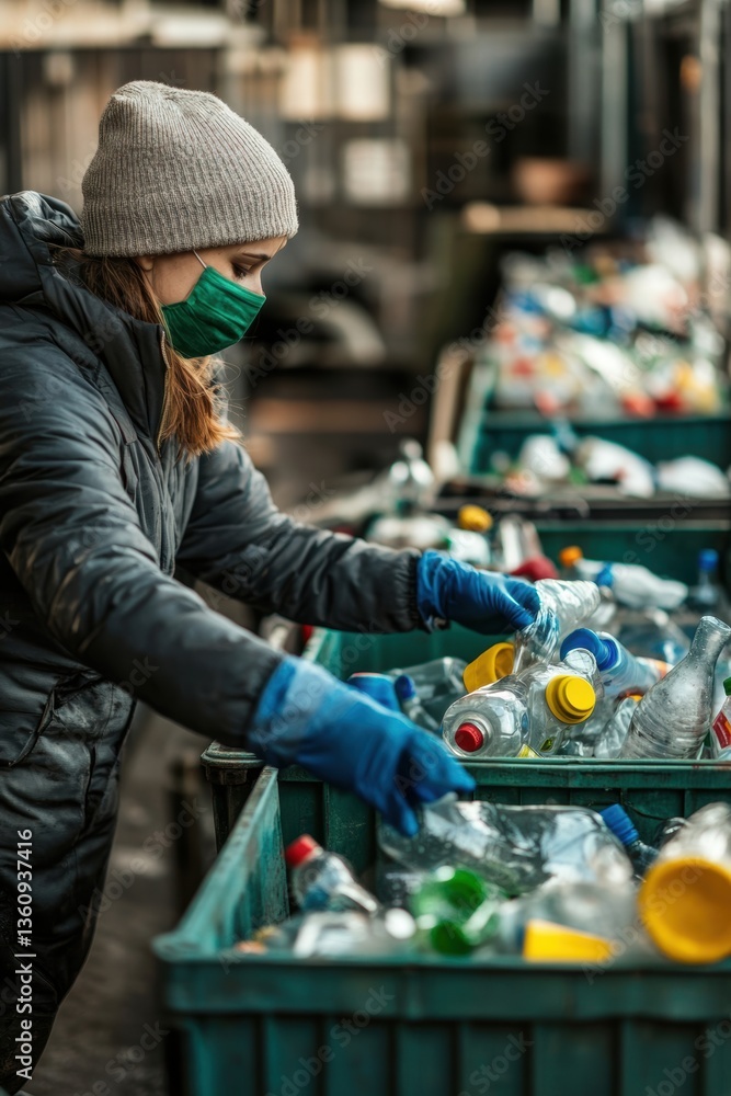 Worker working in recycling center with recyclable waste. Worker working in recycling center with recyclable waste.