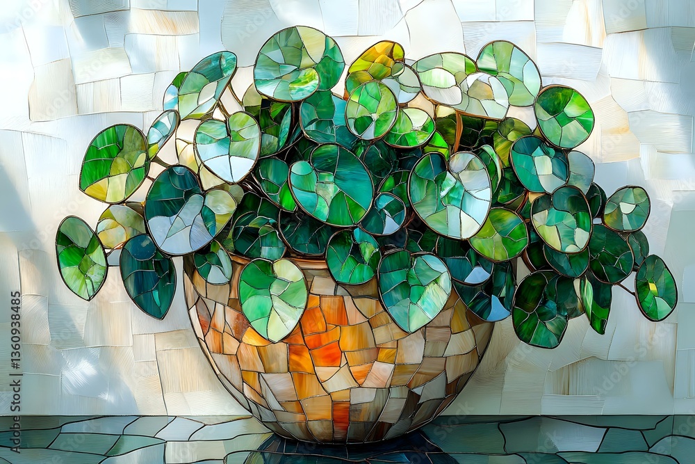 Lush green Chinese money plant in mosaic orange pot against white background, artistic interpretation with stained glass effect and geometric patterns.