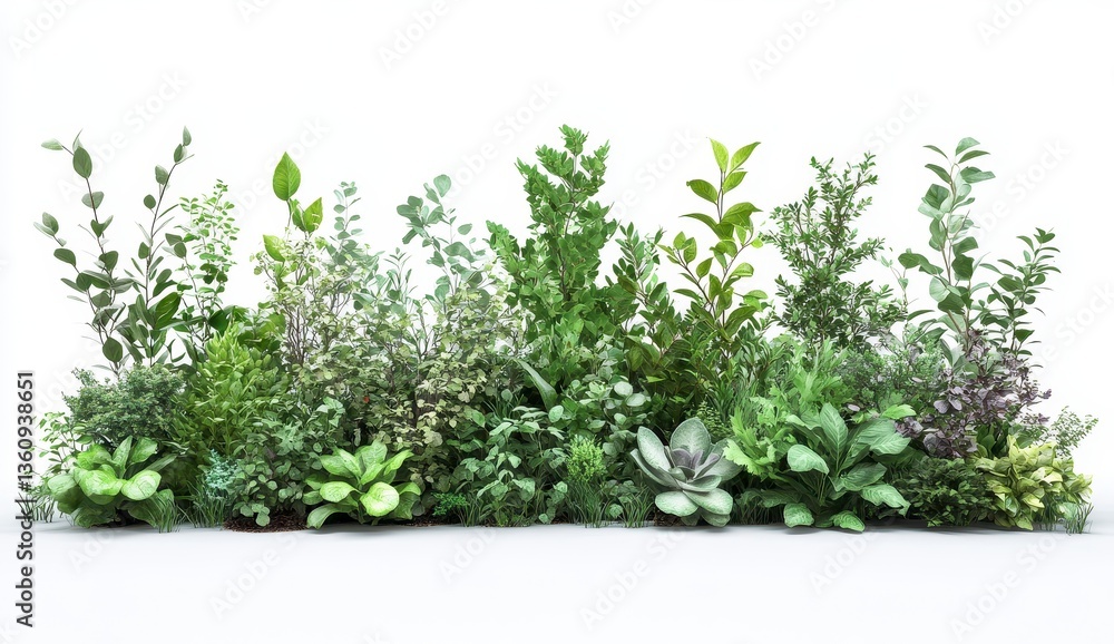 Fototapeta premium Lush Green Foliage Row Against White Background