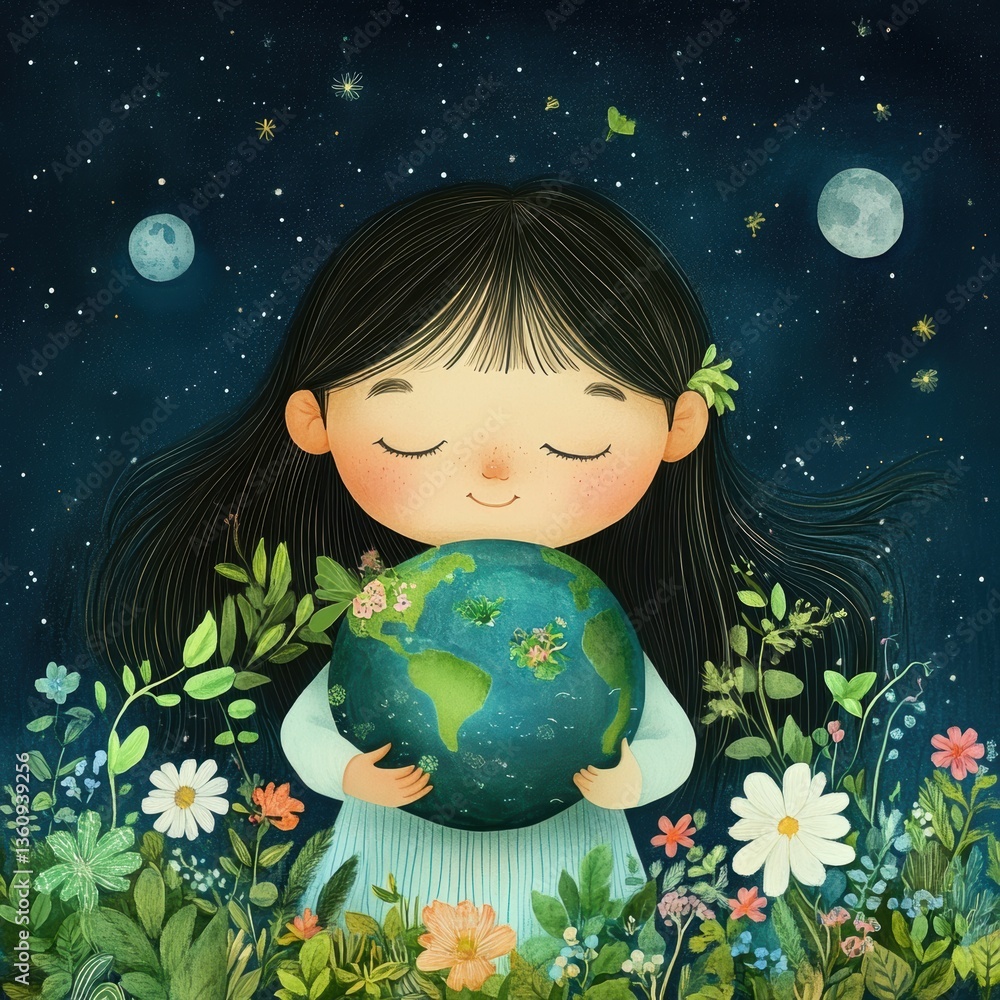 Naklejka premium Little child holding planet earth. Earth day theme.