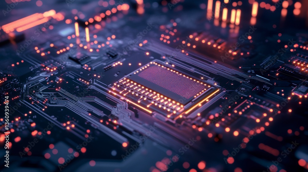 Close-up of a glowing central processing unit (CPU) on a circuit board. Close-up of a glowing central processing unit (CPU) on a circuit board.