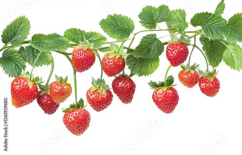 Ripe Red Strawberries on Vine with Lush Green Leaves Against White Background
