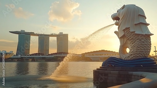 Majestic lion statue, water fountain, sunrise over city skyline