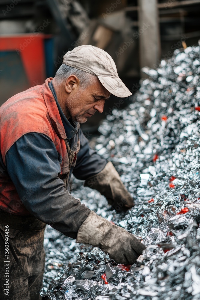 Fototapeta premium Worker working in recycling center with recyclable waste.