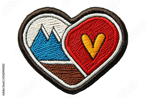 Patchwork of Adventure: An embroidered heart-shaped patch, artfully depicting a blend of rugged mountains and a vivid emblem, stitched with detailed artistry, perfect for outdoor enthusiasts.
