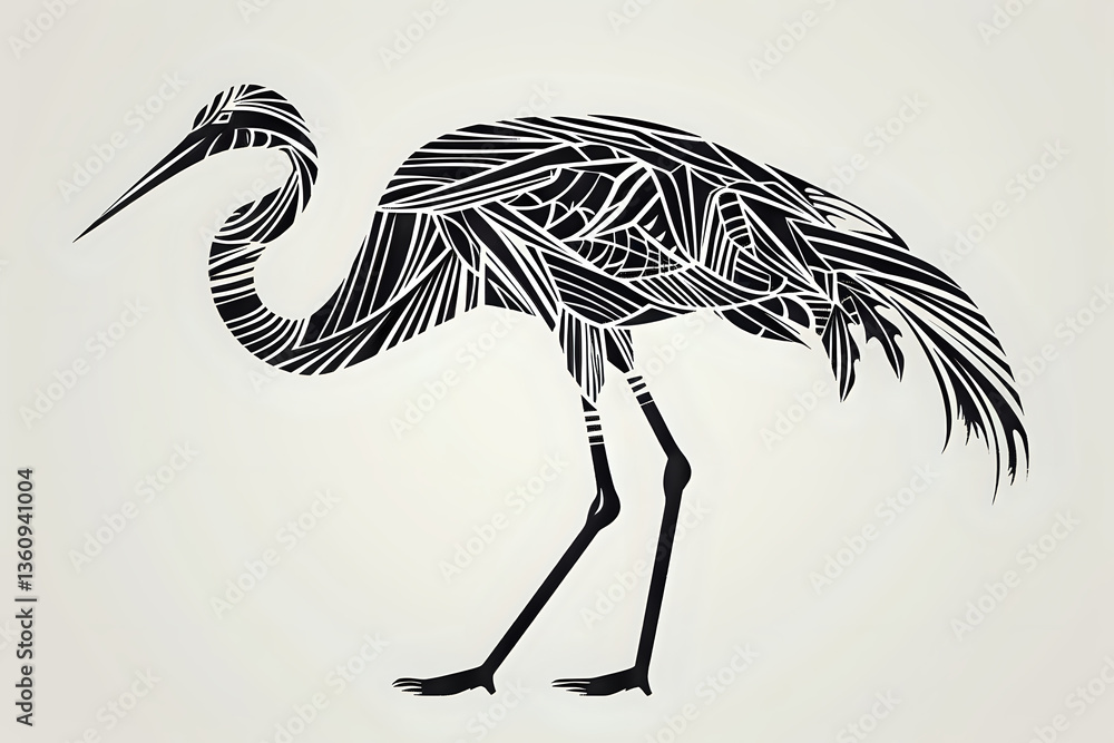 Fototapeta premium Stylized black crane silhouette with geometric feather pattern on light background, artistic nature illustration for wall art and textile design.