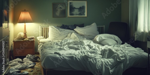 Wallpaper Mural Messy bedroom at night with unmade bed Torontodigital.ca