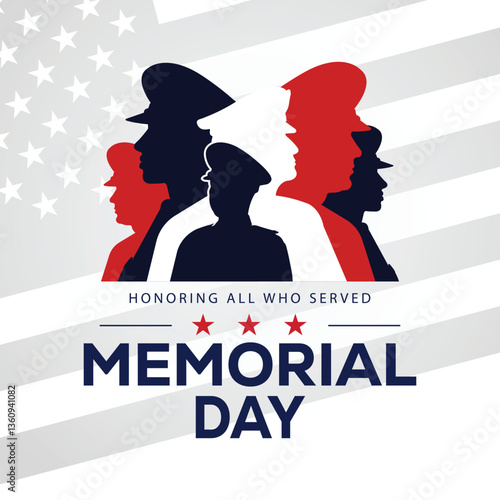 Soldiers silhouette saluting the USA flag for memorial day. Poster or banners illustration. USA flag as a background.