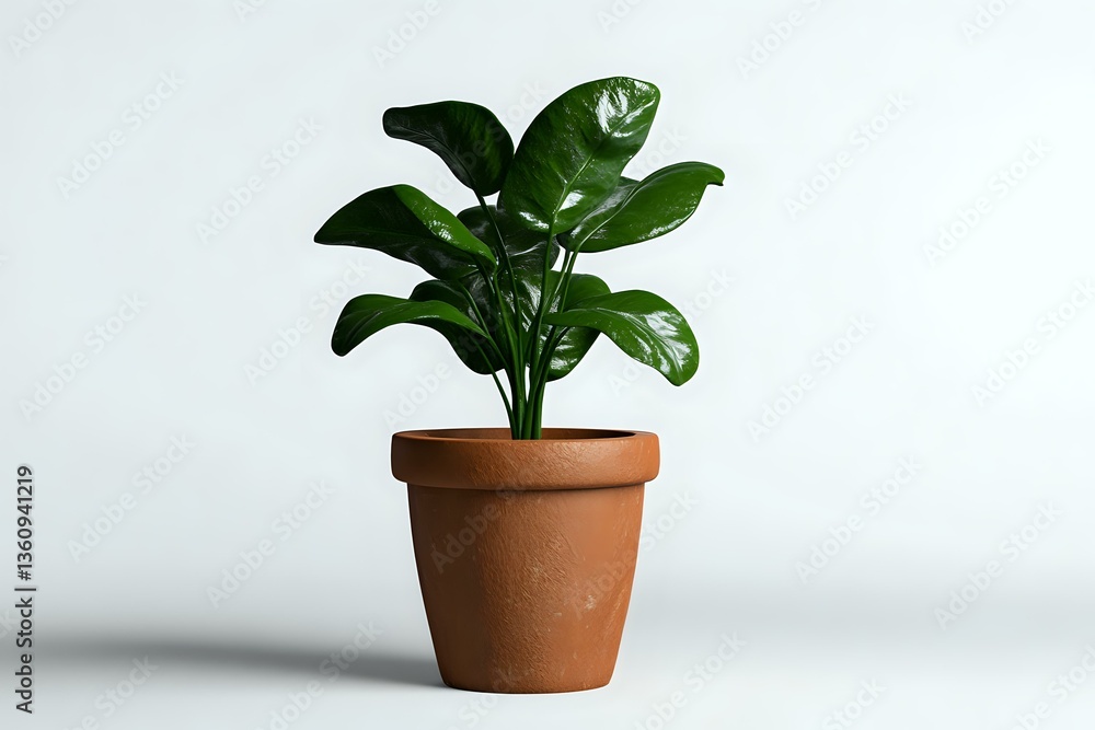Obraz premium Green potted plant with glossy leaves in traditional terracotta pot against white background, minimalist composition for home decor and interior design.