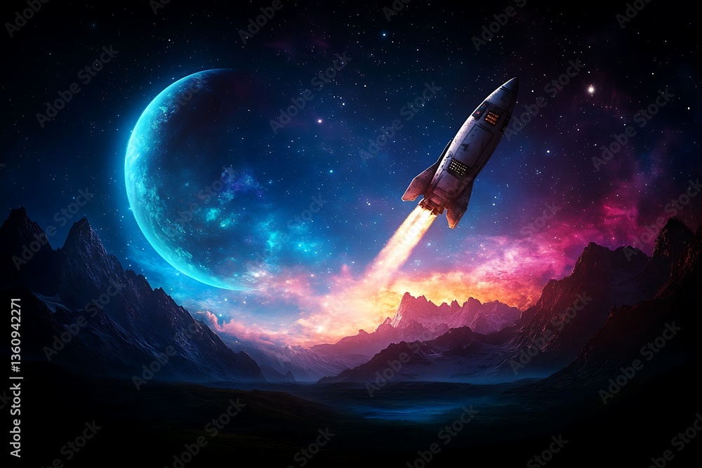 Obraz premium Rocket Launch Night Mountains