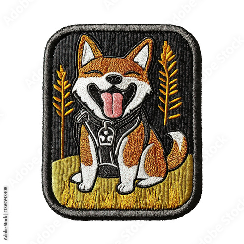 Cheerful Shiba Inu Embroidery: A delightful embroidery depicts a cheerful Shiba Inu dog with a joyful expression. It features detailed stitching and vibrant colors on a textile.