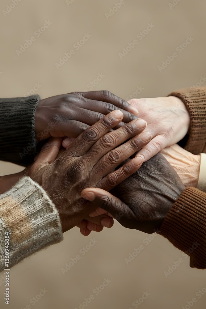 Fototapeta premium Close up of diverse hands joined together showing unity and support, wearing warm knit sweaters against neutral background, representing community and connection.