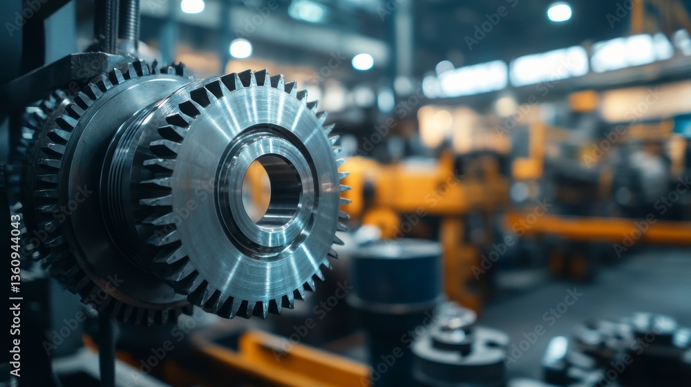 Close-up of precisely machined metal gears in a factory setting. Close-up of precisely machined metal gears in a factory setting.