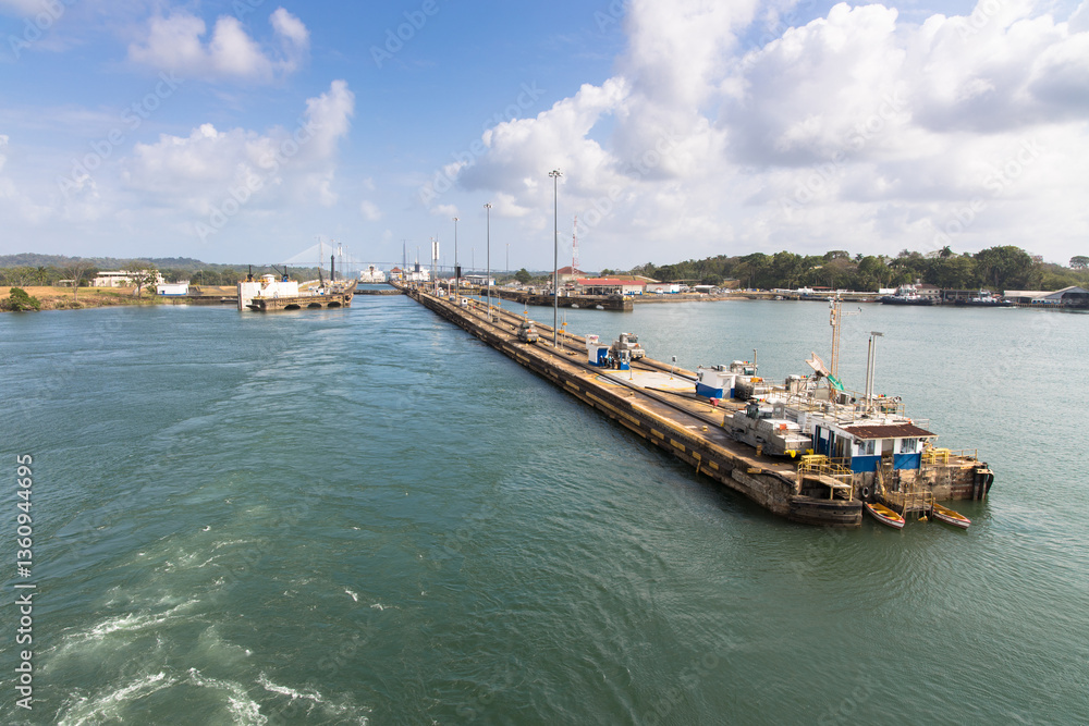Fototapeta premium Exiting the last of the Gatun locks and entering Lake Gatun on the Panama Canal