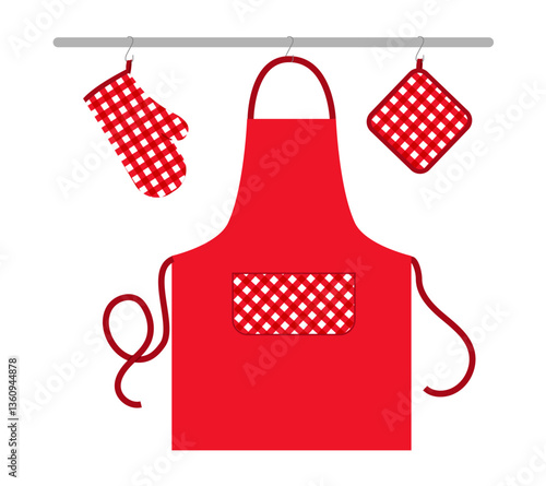 Oven Gloves mitt, apron and potholder hanging on rack kitchen red cartoon flat accessory clothing technical illustration garment. Vector for Men, women style template CAD mockup on white background